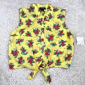 Lauren Ralph Lauren Yellow Red Rose Tie Front Crop Shirt Vintage NEW